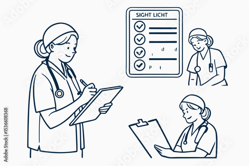 Line Art Set Icon Female Doctors Nurses Healthcare Workers Clipboard Checklist Medical Examination Sight Light