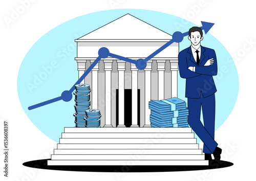 Businessman leaning on a classical government or bank building, symbolizing financial success, banking, investment, or public finance