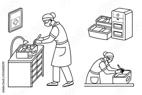 Nurse Leader Line Art Icon Set Black and White Medical Staff Healthcare Workers Illustration with Equipment