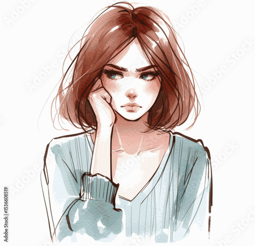 Frayed Edges woman in a bad mood isolated watercolor vector illustration svg