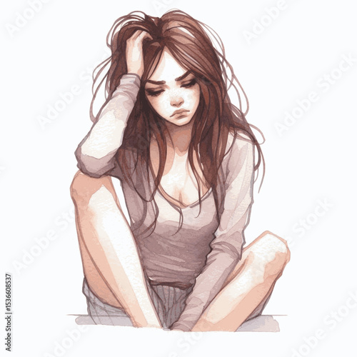 Umber Mood woman in a bad mood isolated watercolor vector illustration svg