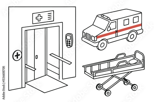 Line Art Icon Set Hospital Die Ambulance Stretcher Elevator Entrance Black White Red vector