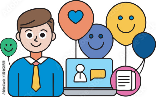 Smiling businessman surrounded by emoji balloons represents social media and online communication