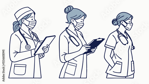 Three Female Doctors Line Art Set Icon Pack Wearing Masks and Scrubs Holding Clipboards Stethoscopes Minimalist Stroke Style