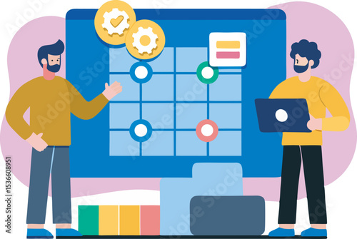Two business professionals presenting a digital project plan on a screen for effective collaboration