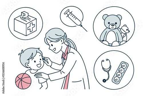 Line Art Set Icon Pediatric Doctor Examining Child with Medical Kit Syringe Teddy Bear and Pills on White Background