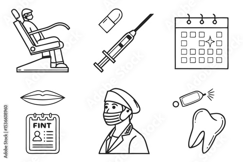 Minimalist Black Line Art Icon Set Representing Dentistry Procedures Patient in Chair Syringe Pill Calendar Tooth Spray