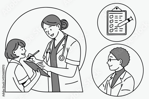 Line Art Set Icon Pack Doctor Patient Consultation Healthcare Medical Examination Clipboard Syringe Grey Scale