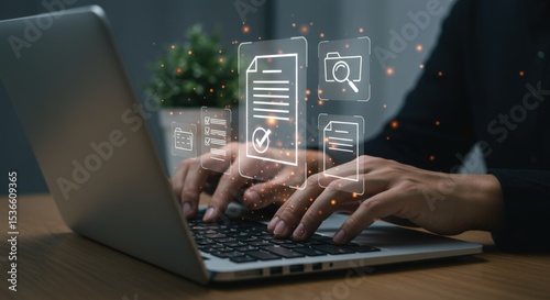 Hands actively type on a laptop keyboard, surrounded by a digital overlay of documents, checklists, and a magnifying glass, indicating efficient online document management