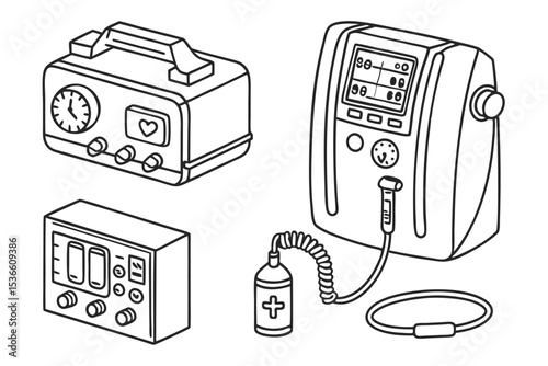 Line Art Set Icon Medical Equipment Illustration Showing Portable Ventilator Oxygen Tank and Control Panel with Clock and