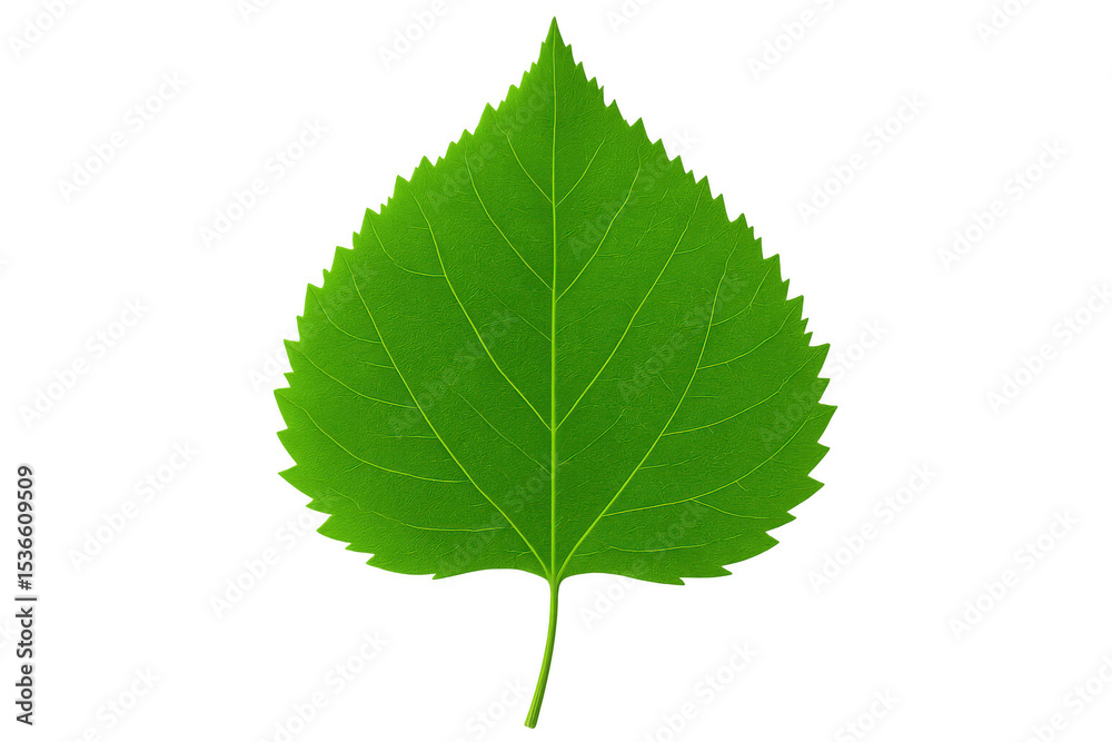 Vivid green poplar leaf rendered with photorealistic precision, floating against transparent backdrop, highlighting botanical detail Vivid green poplar leaf rendered with photorealistic precision, floating against transparent backdrop, highlighting botanical detail