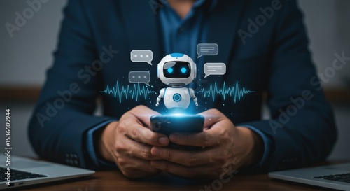 A person uses a smartphone with a chatbot robot and speech bubbles surrounded by waveforms on a wooden desk with laptops