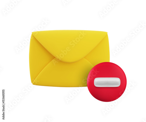 Vector cartoon 3d blocked mail icon. Realistic 3d render of yellow envelope with red circle stop sign. No spam mail sign, forbidden mailing, do not send message notification, restriction sticker.