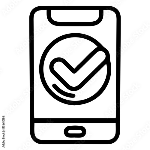 Outline style image depicts a smartphone with a large checkmark symbol inside a circle prominently displayed on its screen, symbolizing a completed process or successful transaction on a mobile device