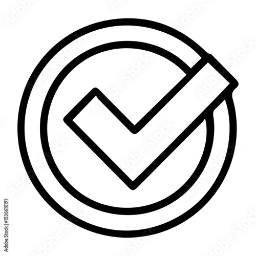 Outline style image depicts a large, bold checkmark symbol centrally placed within a circle, signifying universal approval, success, or confirmation. Related to perfect execution, overall achievement