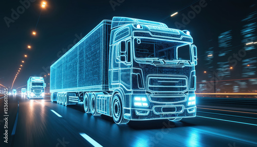 Futuristic truck on highway, data stream in background. Digital technology, information flow in cyberspace. Autonomous transport, logistics network, modern vehicle, smart city concept, innovation.