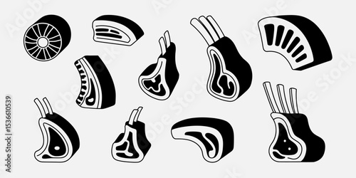 Black and White Vector Set of Butcher-Style Meat Cuts and Steaks IconsBlack and White Vector Set of Butcher-Style Meat Cuts and Steaks Icons