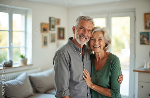 Happy senior couple embrace, smile, look at camera inside cozy house. Older man and woman enjoy life together, casual lifestyle. Retirement, love, vacation, home, happiness, bonding, togetherness.