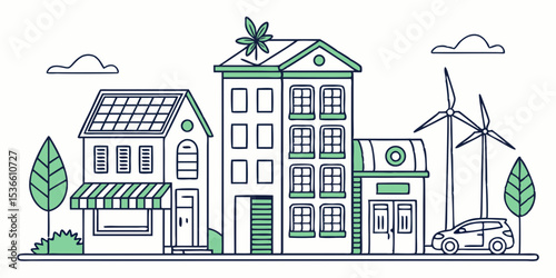 Front-View Vector Illustration of an Eco-Friendly City Sustainable Urban Living