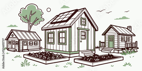 Front-View Vector Illustration of a Cozy Tiny House Sustainable Living in a Small Space