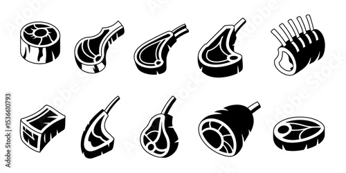 Black and White Vector Icons of Raw Meat Cuts. Lamb, Beef, and Pork