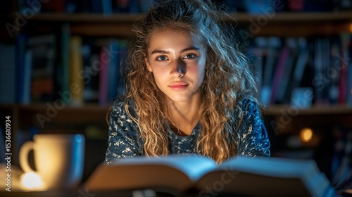 Focused young woman studying late at night in a library