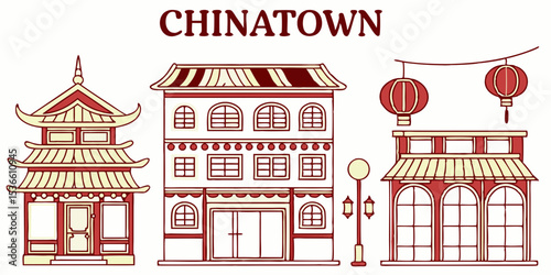 Vibrant Chinatown Vector Illustration of Traditional Chinese Architecture