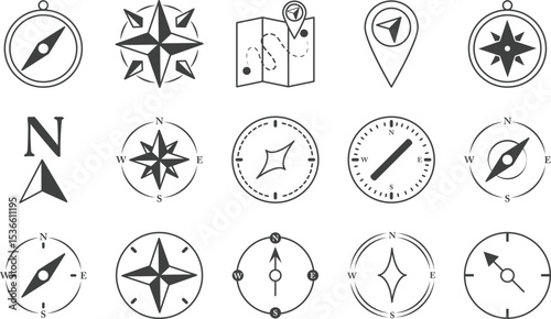 Collection of Compass Icons Navigation Symbols for Design Projects, Websites, and Applications