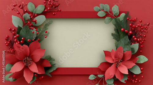 Elegant holiday frame with red flowers and green leaves on a festive background, perfect for seasonal greetings and invitations