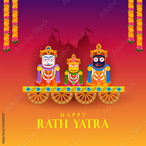 Lord Jagannath, Balabhadra and Subhadra on annual Ratha Yatra in Odisha festival background