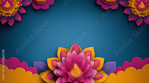 Vibrant Paper Cutout Floral Design with Colorful Flowers and Blue Background for Creative Projects and Artistic Backgrounds