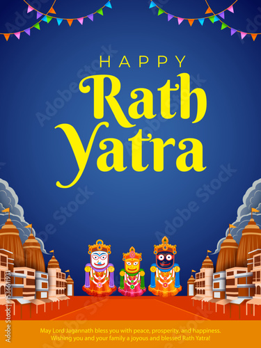 Lord Jagannath, Balabhadra and Subhadra on annual Ratha Yatra in Odisha festival background