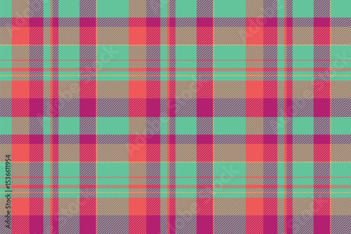 Repeat background seamless vector, improvement check tartan textile. Tiny fabric texture pattern plaid in teal and pink colors.