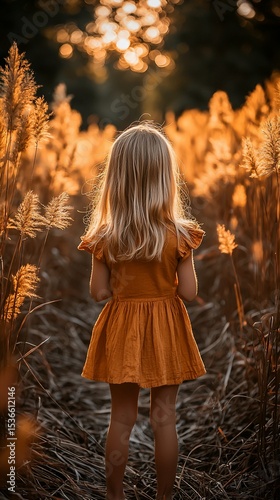 Little girl in orange dress, bathed in golden sunset light, amidst tall grasses