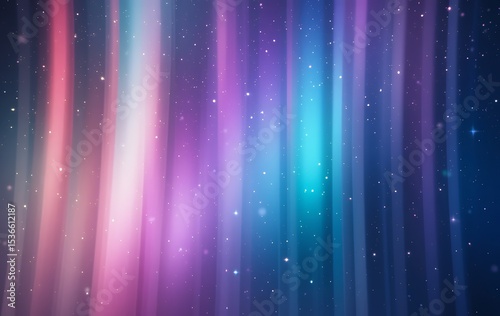 Beautiful multicolored vertical light beams with glowing stars and gradient glow background