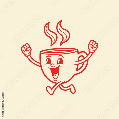 Joyful Red Cartoon Coffee Cup Running on Beige Background