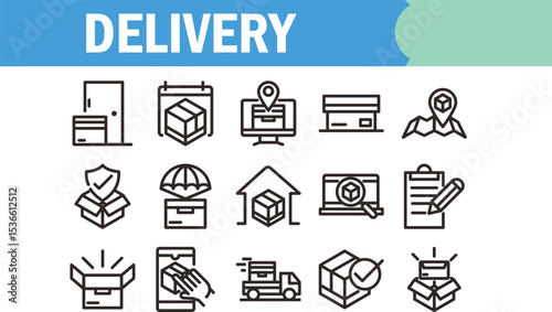 Streamlined Delivery Service Icons  EPS Vector Graphics for Website and App Design.  Efficient, Secure, and Fast Package Delivery Illustrations.