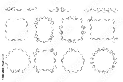 Big set of decorative ribbon frames with bows. Square, round, and oval borders in a modern vintage style. Perfect for invitations, greeting cards, tags, and baby or wedding designs.