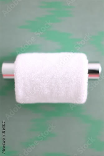 White Cotton Towel on Chrome Holder Against Mint Green Wall photo