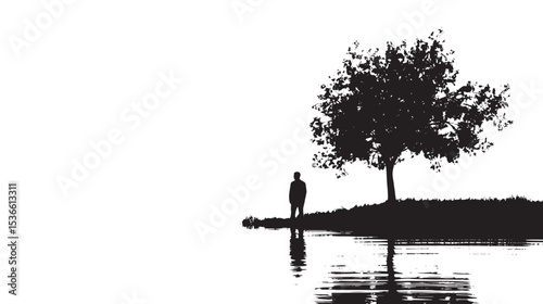 Silhouette of male at lake under tree isolated in White background