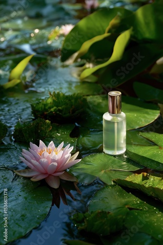 Wallpaper Mural A bottle of perfume is on a leaf of a plant. The bottle is clear and has a gold top. The plant is green and has many leaves Torontodigital.ca