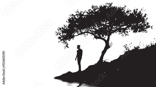 Silhouette of male at lake under tree isolated in White background