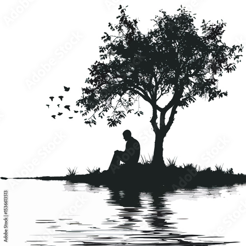 Silhouette of male at lake under tree isolated in White background