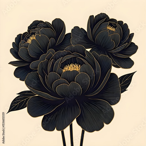 Vector image with black peonies.