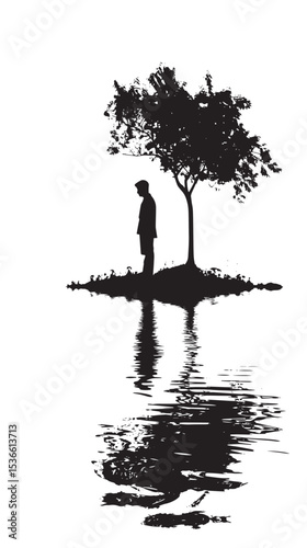 Silhouette of male at lake under tree isolated in White background