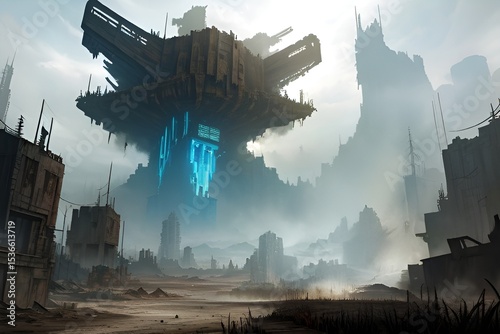 ゲーム背景　終焉を迎えた未来社会のビルと廃墟の町