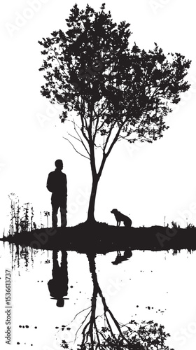 Silhouette of male at lake under tree isolated in White background