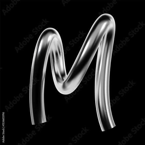 Glossy chrome letter M in 3D style with curved tubular lines. Futuristic metallic typeface in Y2K techno design