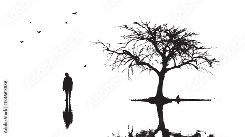 Silhouette of male at lake under tree isolated in White background