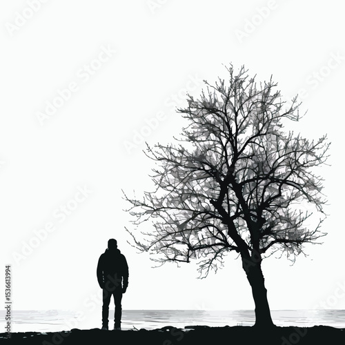 Silhouette of male at lake under tree isolated in White background